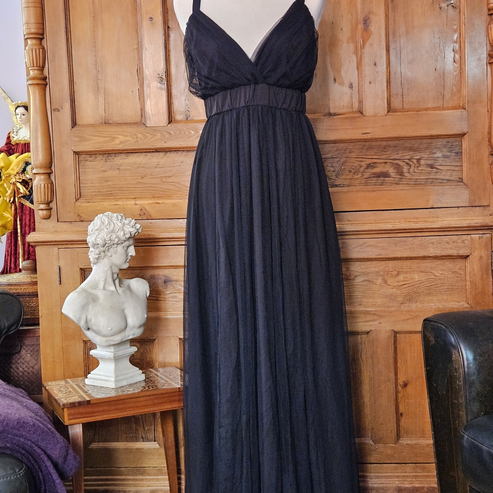 Stunning Vintage Tulle Black Maxi Dress. V Neckline, Open Back W Cross Straps